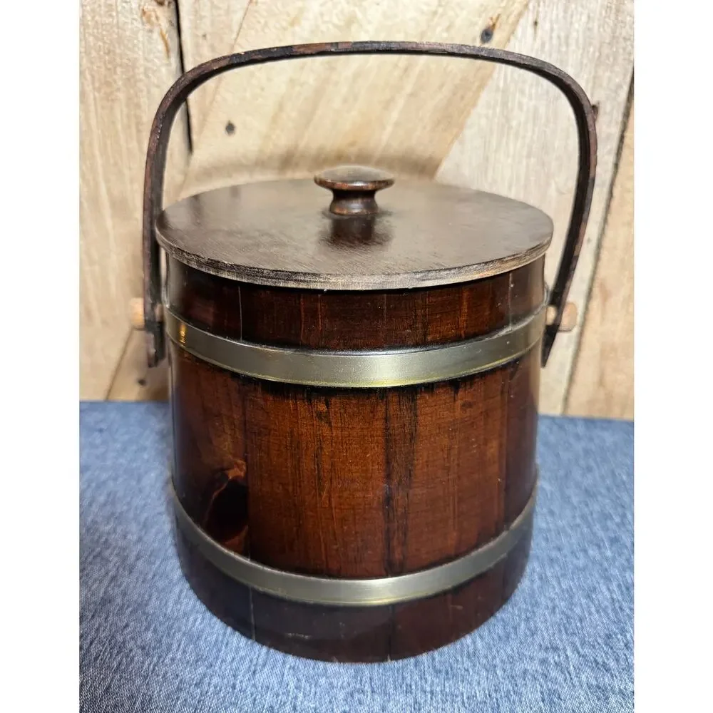 Vtg MCM Firkin Wood Ice Bucket by Putney Vermont Basketville Handle, Lid & Liner